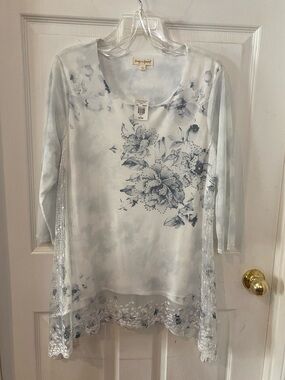 Light Blue Floral Lace-Hem Tunic by Joseph A